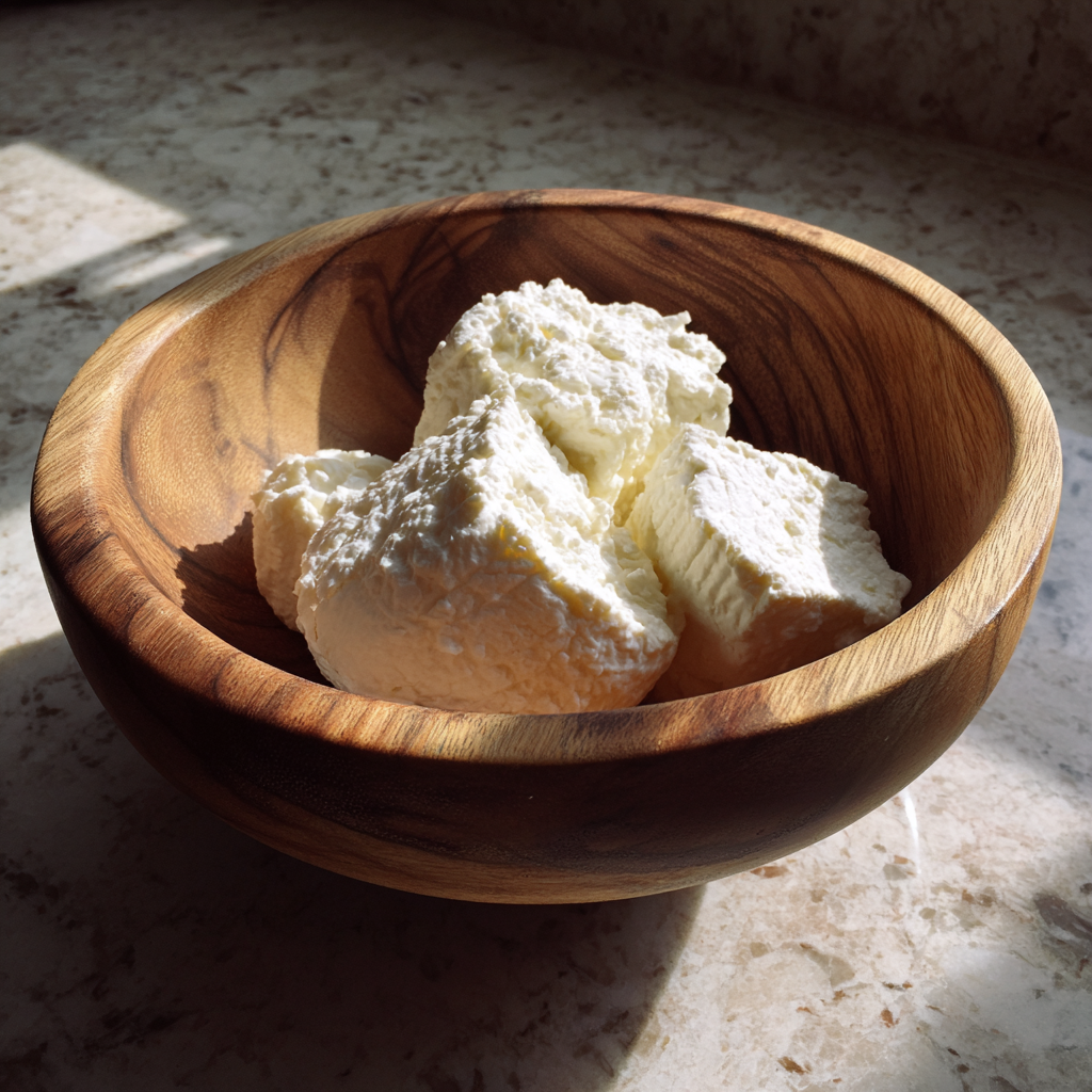 Goat cheese in a wooden bowl | Source: Midjourney