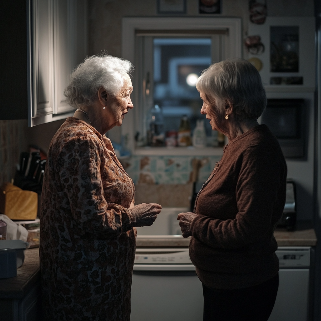 Two women talking in their kitchen | Source: Midjourney