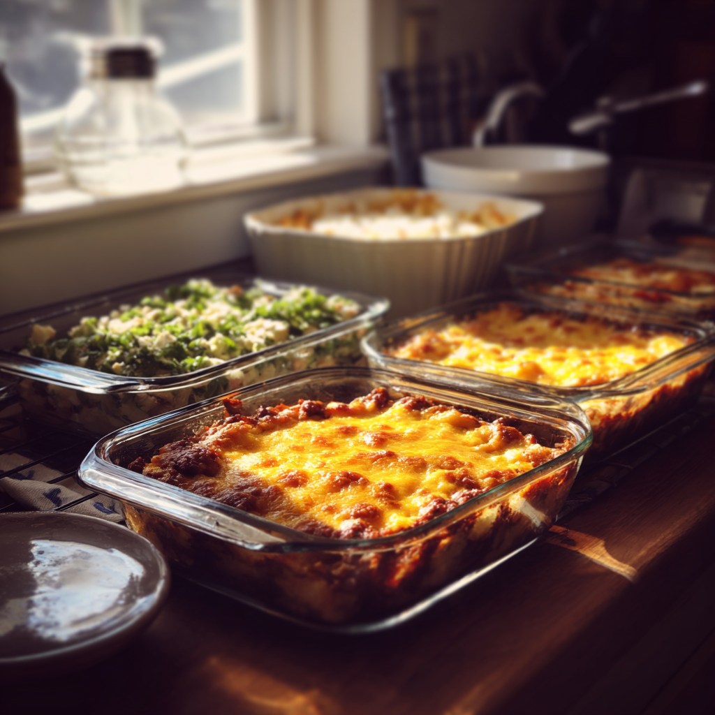 Casseroles of food on a kitchen counter | Source: Midjourney