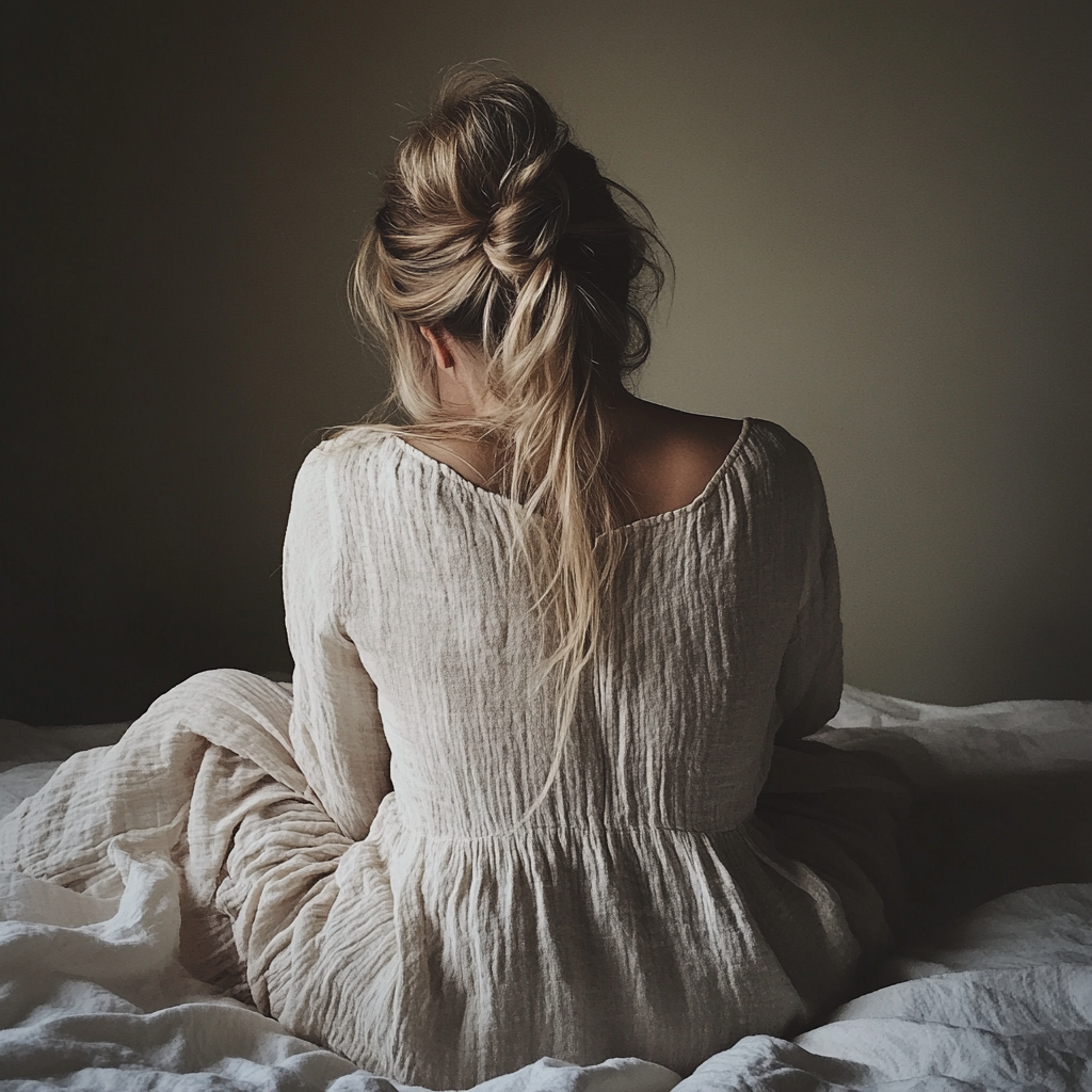 An upset woman sitting on her bed | Source: Midjourney