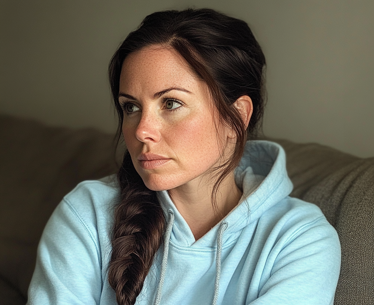 A pensive woman sitting on a couch | Source: Midjourney