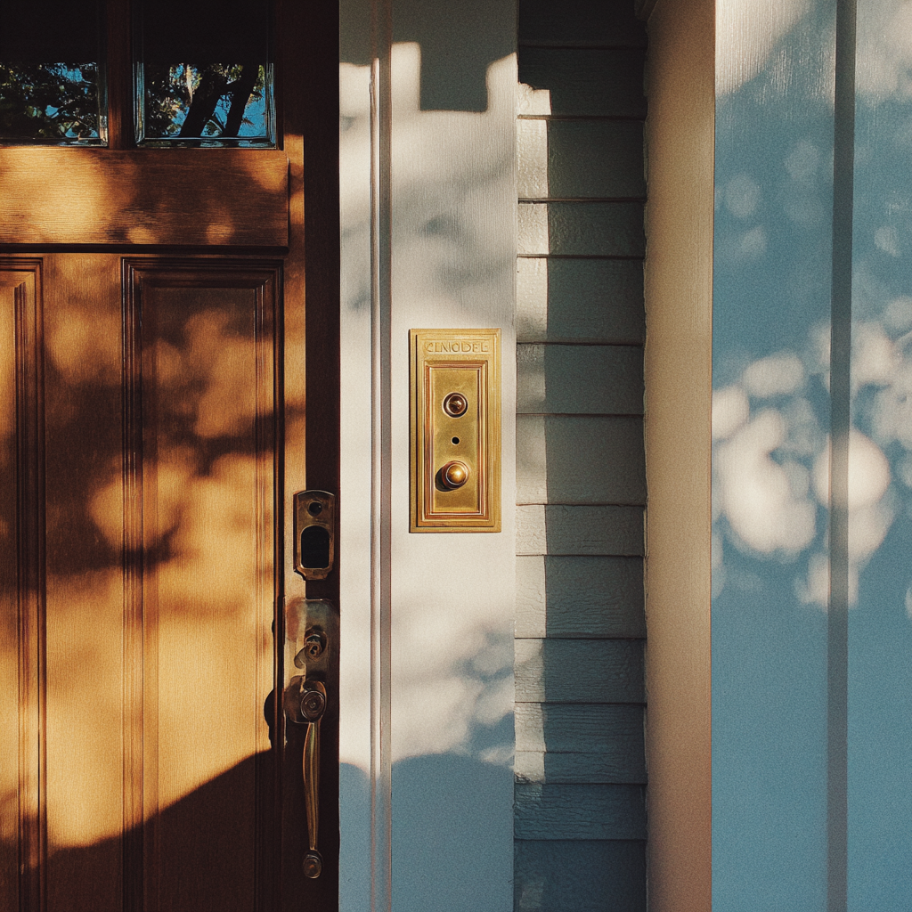 A gold doorbell next to a front door | Source: Midjourney