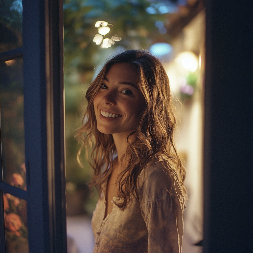 Una mujer feliz entrando a su casa | Fuente: Midjourney