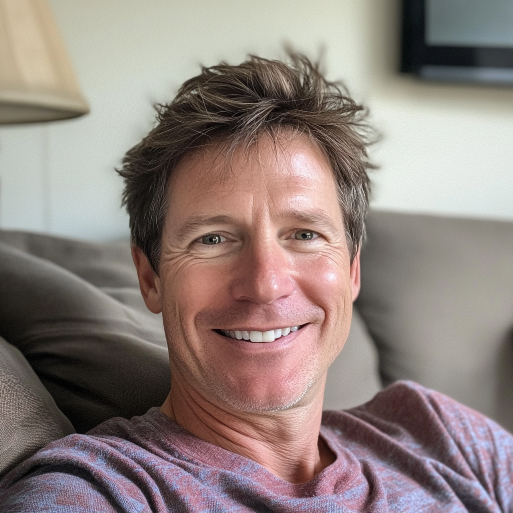 A smiling man sitting on a couch | Source: Midjourney