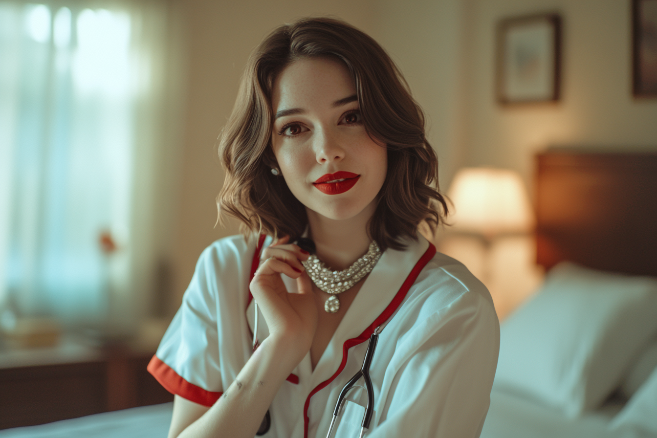 Woman in her 30s smiling and wearing a caregiver's uniform and an expensive necklace | Source: Midjourney