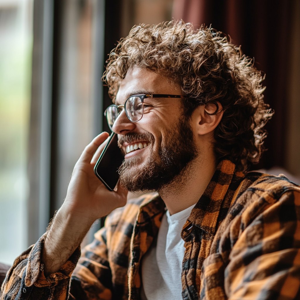 A laughing man talking on his phone in his living room | Source: Midjourney