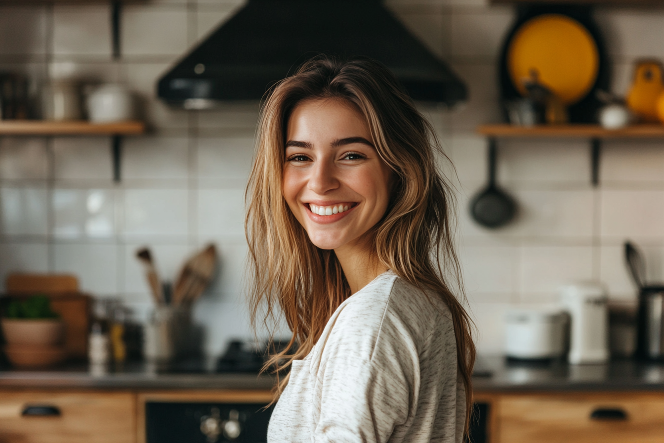 A smiling woman in a kitchen | Source: Midjourney