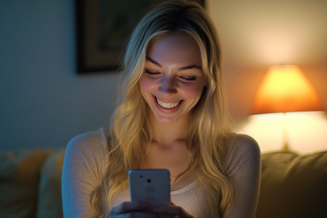 A woman grinning while texting | Source: Midjourney