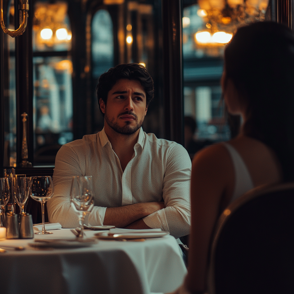 Tense, confused man with arms crossed, talking to his coworker in a fancy restaurant | Source: Midjourney