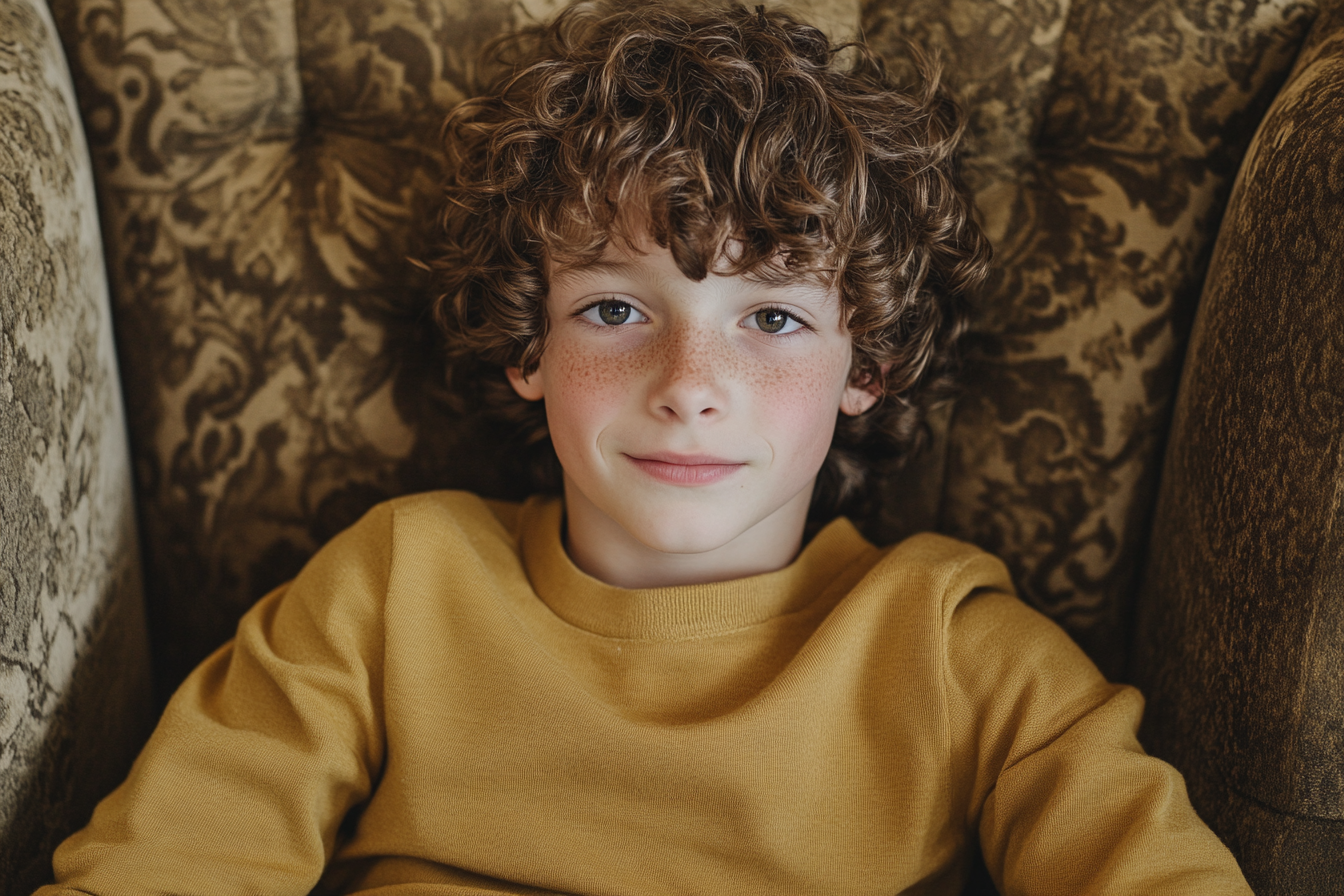 A boy smiling faintly while sitting on an armchair | Source: Midjourney