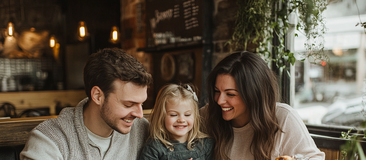 Two adults and a child in a coffee shop | Source: Midjourney