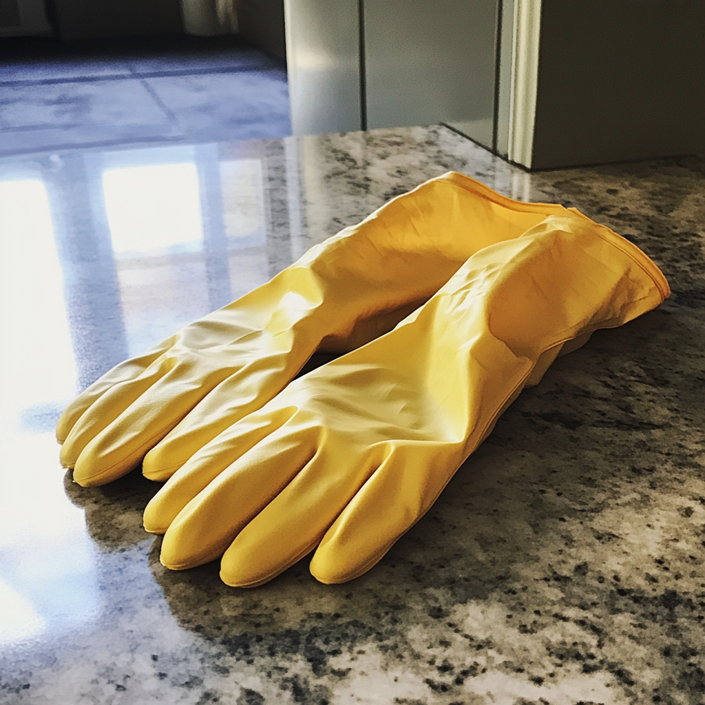 A pair of gloves on a counter | Source: Midjourney