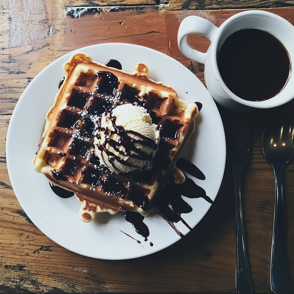 Waffles and ice cream on a table | Source: Midjourney