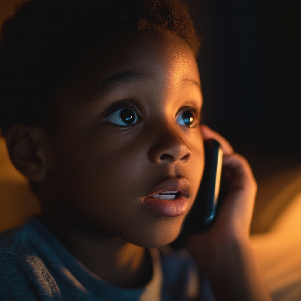 Un niño asustado hablando por teléfono en su habitación | Fuente: Midjourney