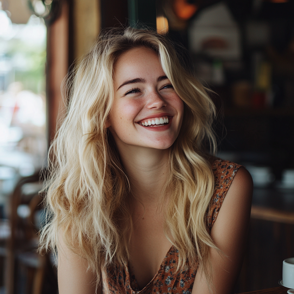 A laughing woman in a cafe | Source: Midjourney