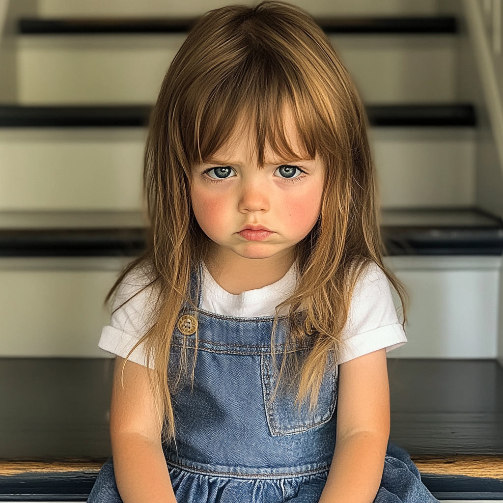 An upset little girl sitting on a staircase | Source: Midjourney