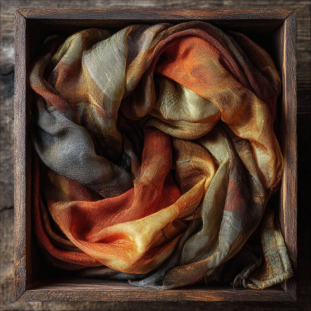 A colorful silk scarf in a box | Source: Midjourney