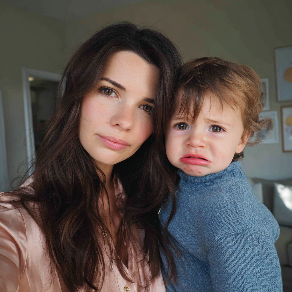 A woman holding an upset little boy | Source: Midjourney