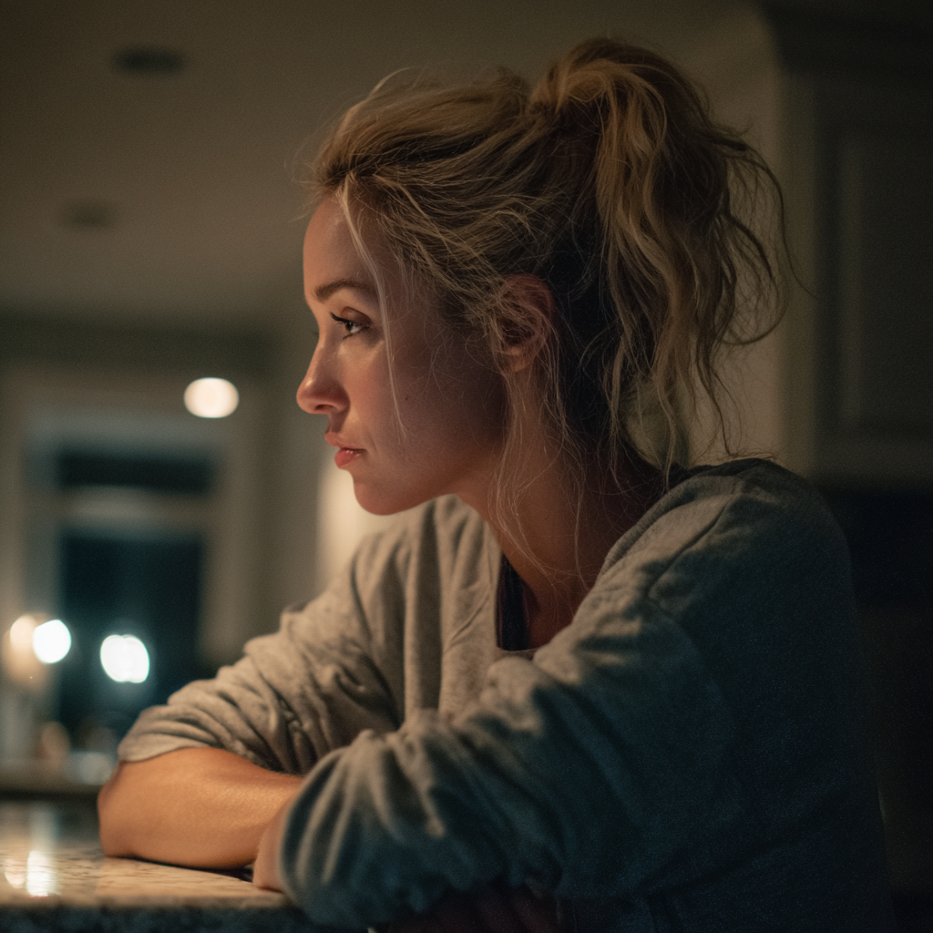 An emotional woman sitting at a table at night | Source: Midjourney