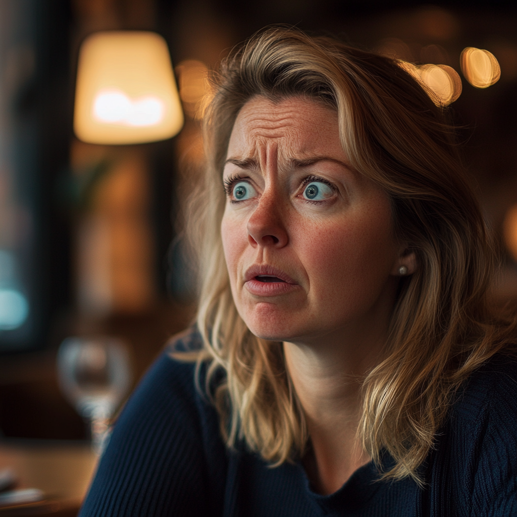 A confused and shocked woman sitting in a restaurant | Source: Midjourney