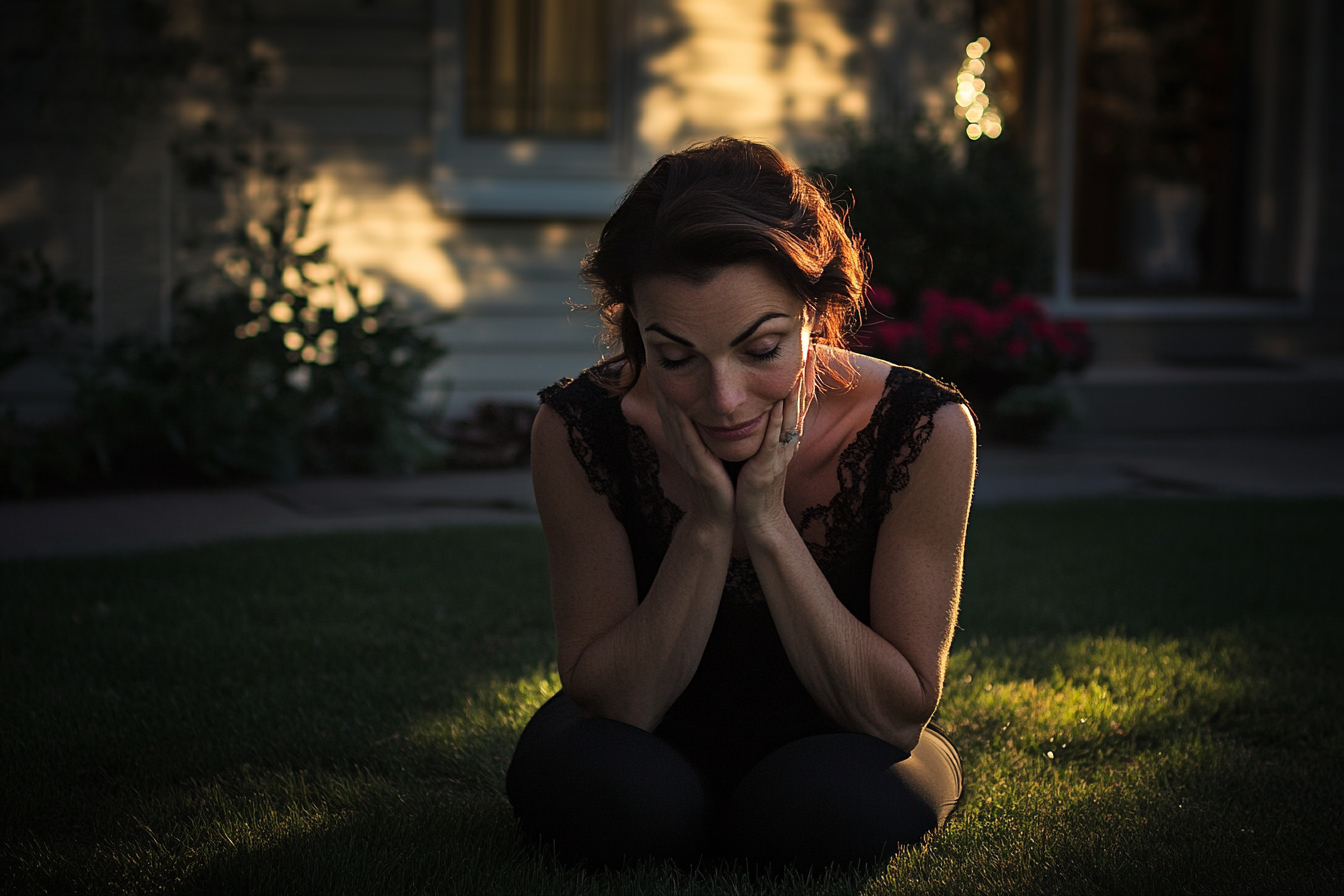 A woman kneeling on a front lawn | Source: Midjourney