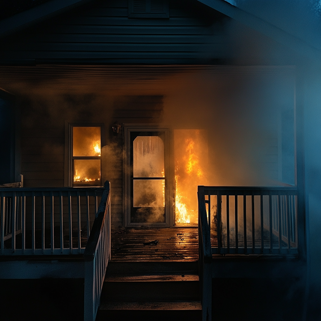 The front door of a burning house | Source: Midjourney