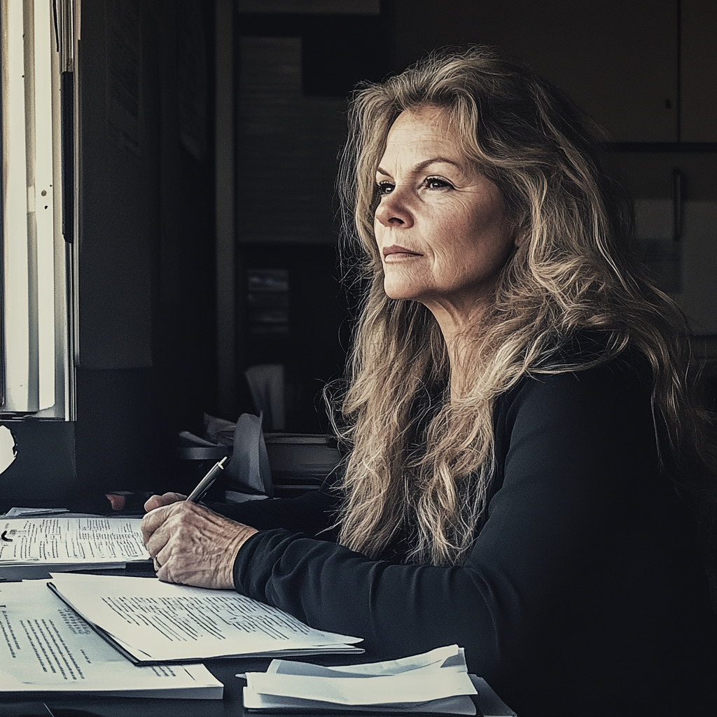 A woman sitting at her desk | Source: Midjourney