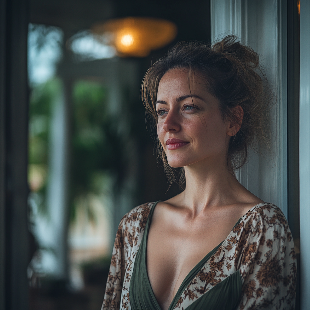 A thoughtful woman standing on the front porch of her house | Source: Midjourney