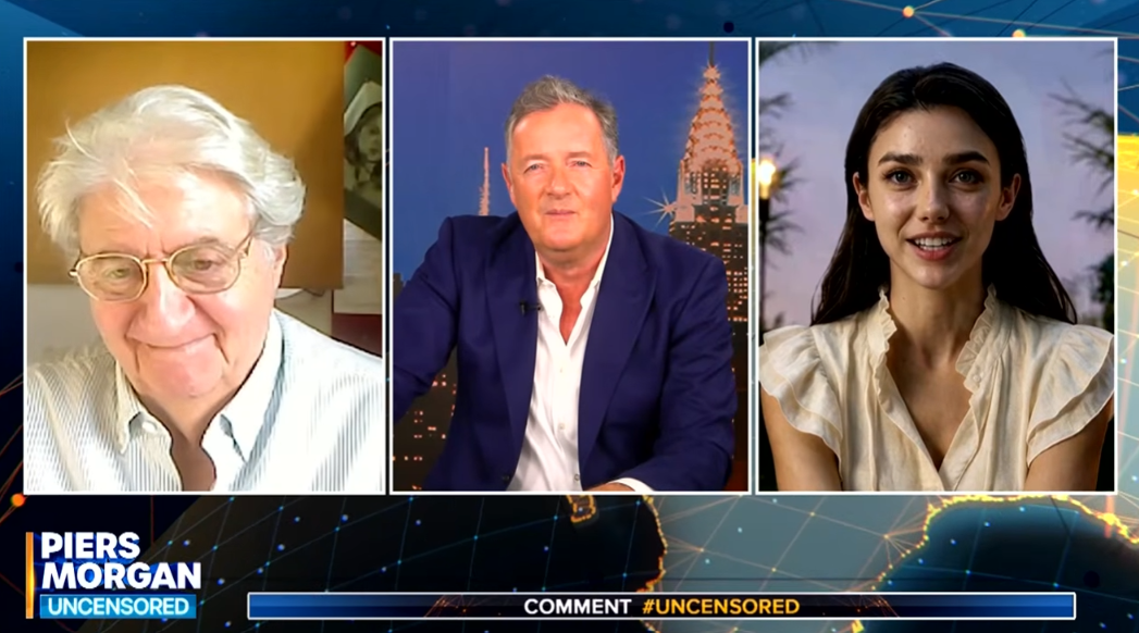 Tom Conti, Piers Morgan, and Tilly Norwood during an episode of "Piers Morgan Uncensored" on September 18, 2026. | Source: YouTube/Piers Morgan Uncensored