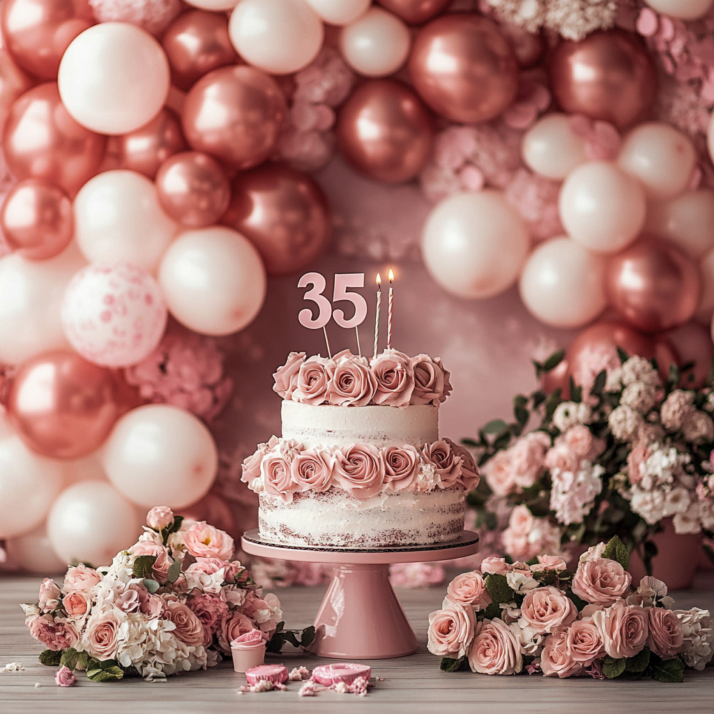 A festive 35th birthday celebration setup with balloons, a decorated cake, lit candles, fresh flowers, and a stylish party backdrop | Source: Midjourney