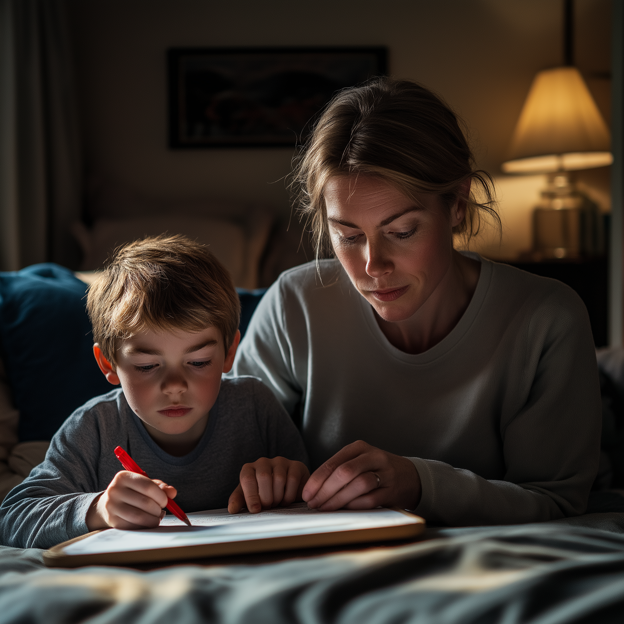 Une femme aide un jeune garçon à faire ses devoirs | Source : Midjourney