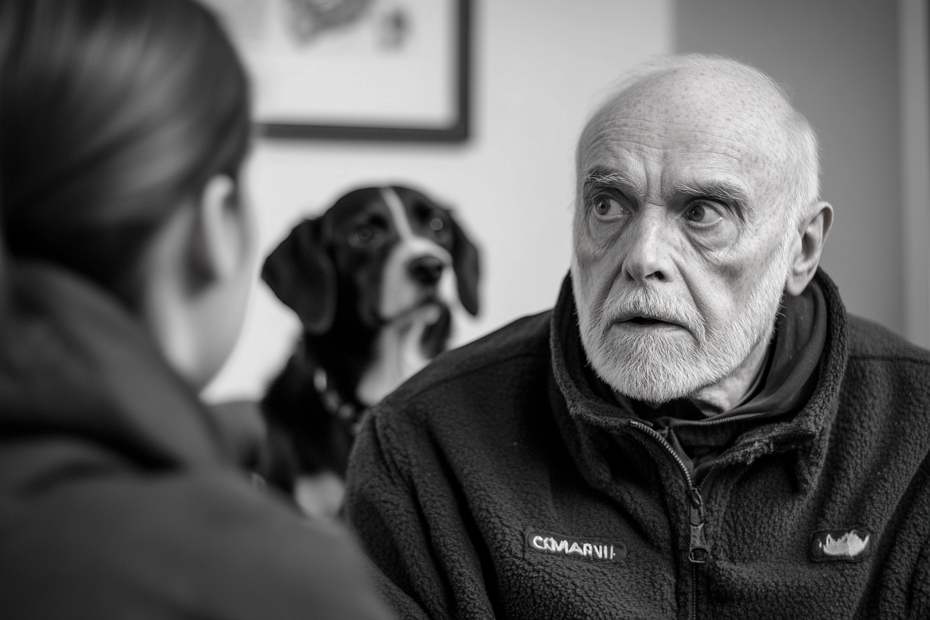 Man with a shocked expression speaking to a receptionist at an animal shelter | Source: Midjourney