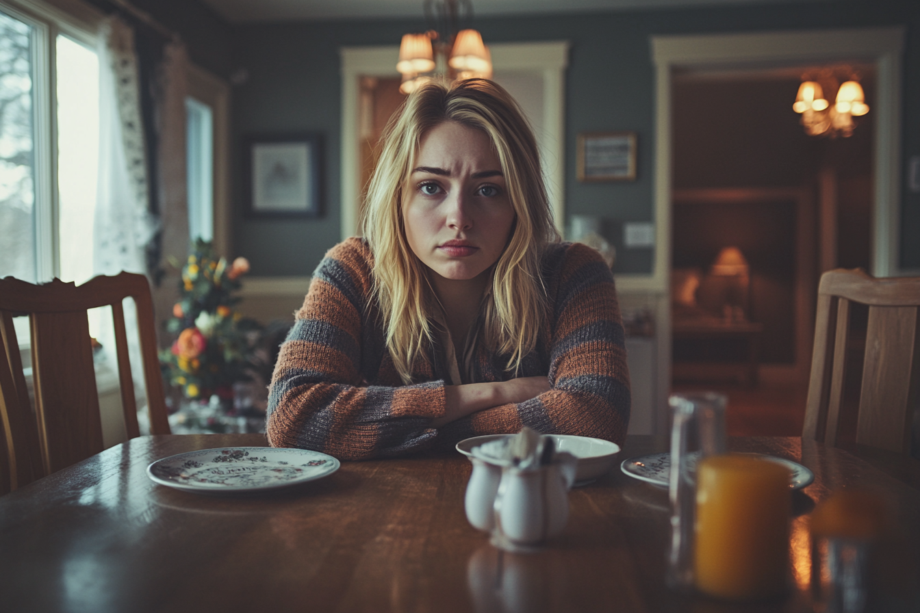 A tense woman seated at a dinner table | Source: Midjourney