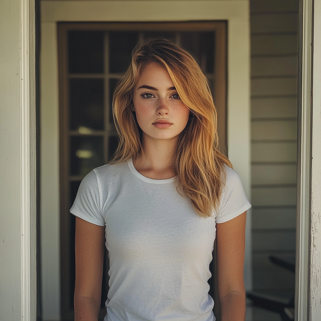 Beautiful young woman standing on her front porch | Source: Midjourney