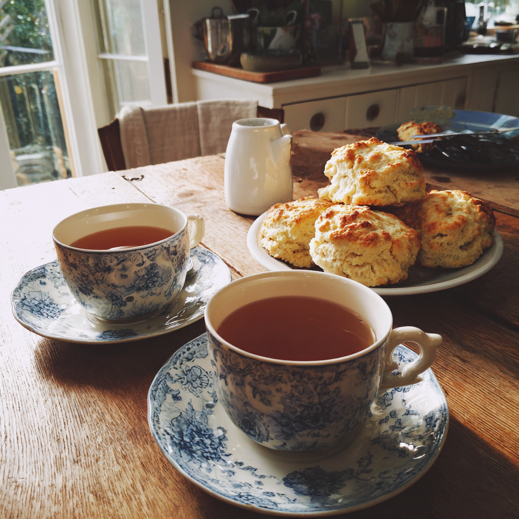 Tea and scones on a table | Source: Midjourney