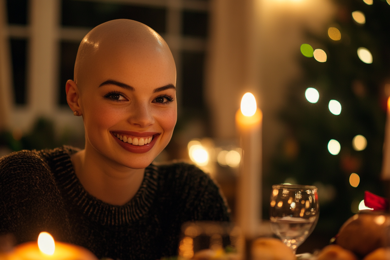 A smiling woman seated at a table during Christmas dinner | Source: Midjourney