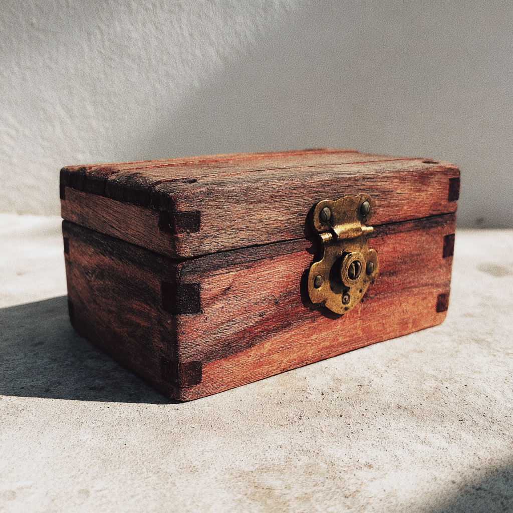 A small wooden box with a brass latch lying on a plain surface | Source: Midjourney