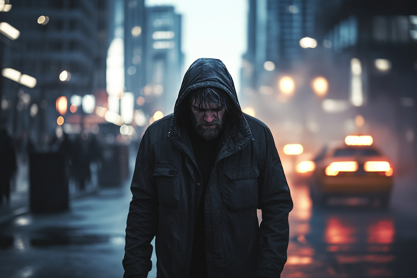 A homeless man walking on a city street | Source: Midjourney