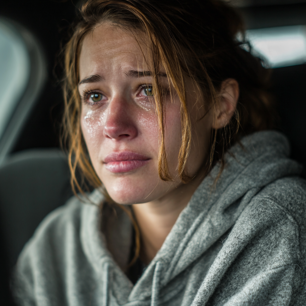 Emocjonalna kobieta siedząca w taksówce | Źródło: Midjourney