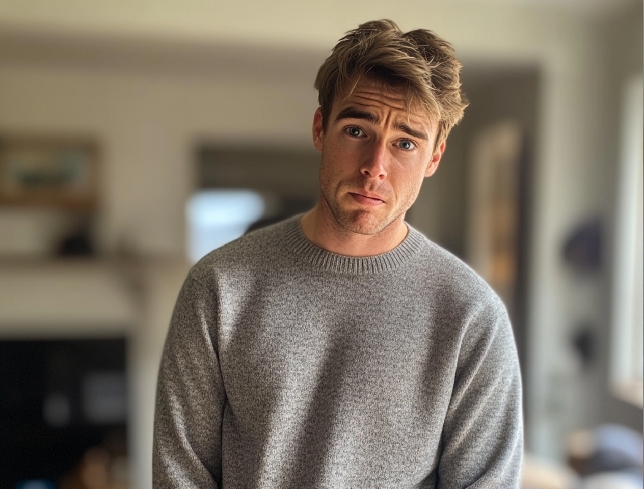 An upset young man wearing a gray sweater | Source: Midjourney