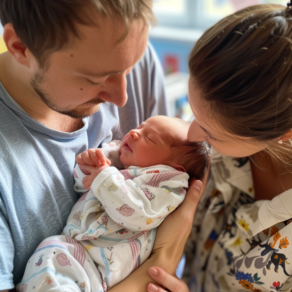 Sarah and Tom staring at baby Luc | Source: Midjourney