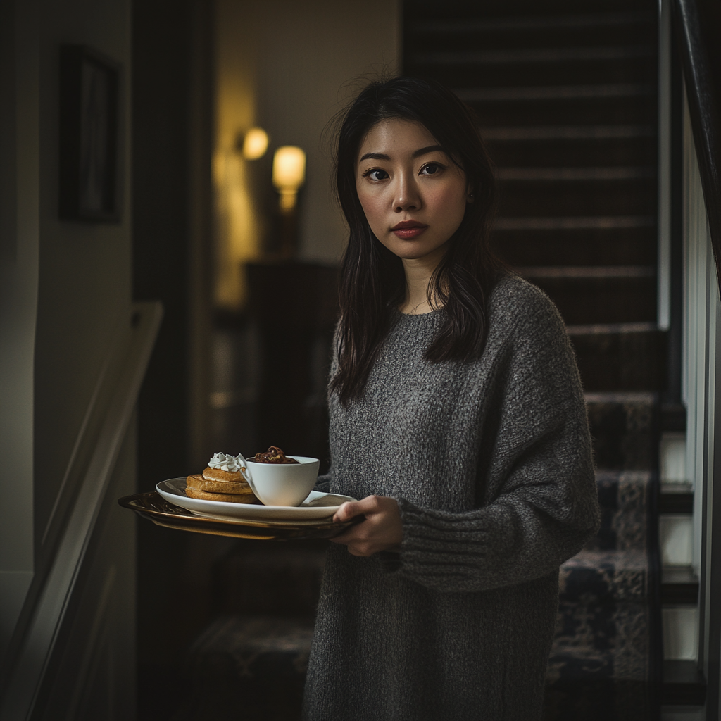 A woman carrying the breakfast tray | Source: Midjourney