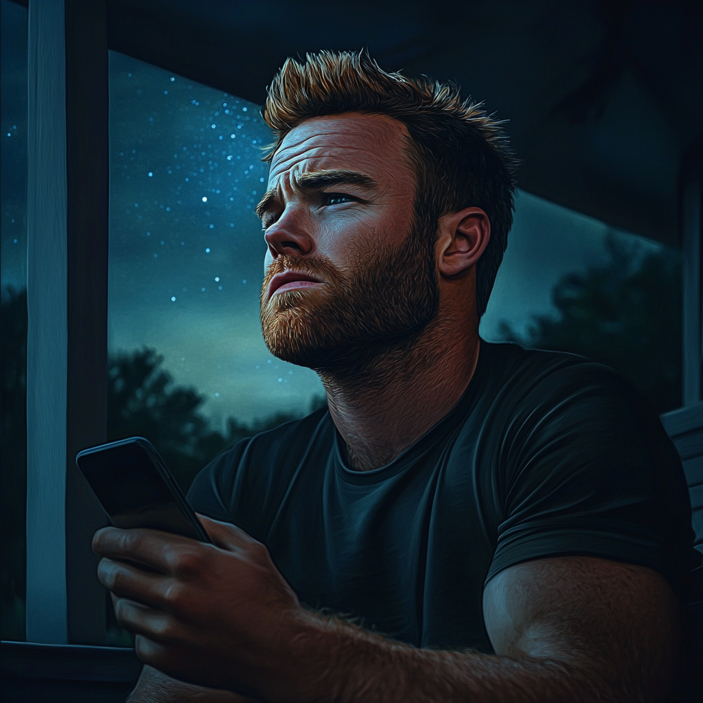 A thoughtful man sitting on his porch at night | Source: Midjourney