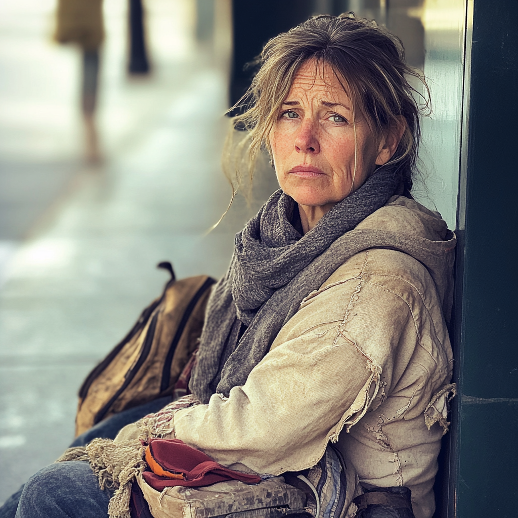 A woman sitting on a sidewalk | Source: Midjourney