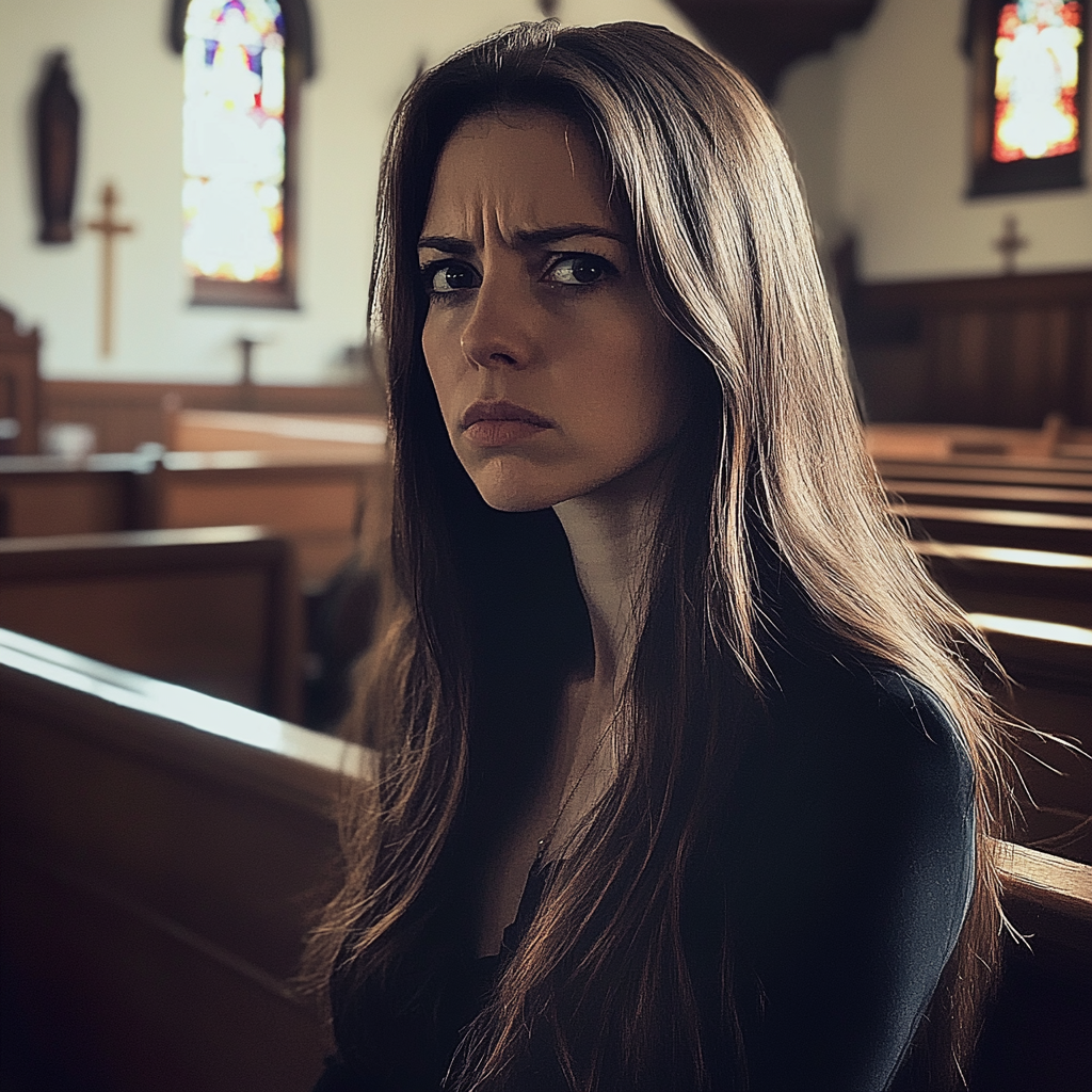 An upset woman at a church | Source: Midjourney