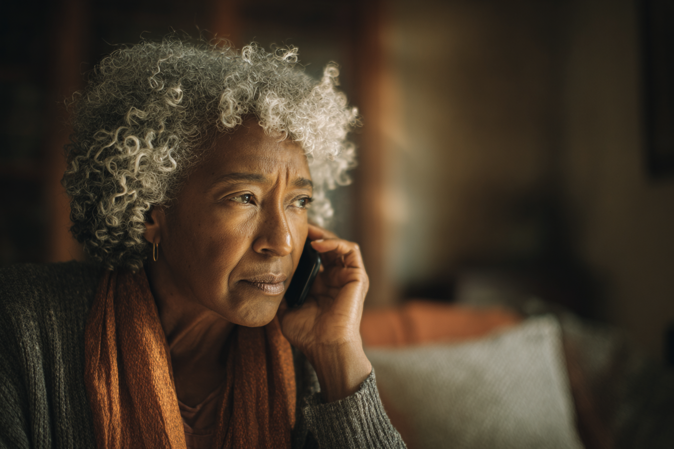 A woman with a grim expression speaking on her cell phone | Source: Midjourney