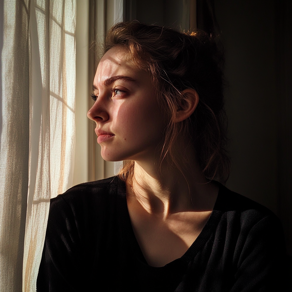 Woman in deep thoughts standing by the window | Source: Midjourney