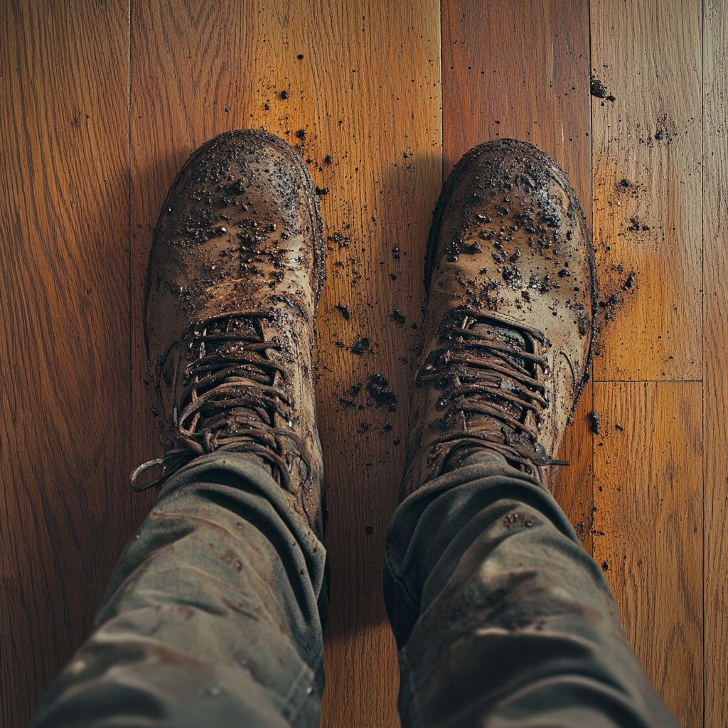 A man wearing muddy boots | Source: Midjourney