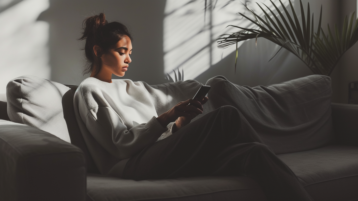 A woman sitting on a couch with her phone | Source: Midjourney