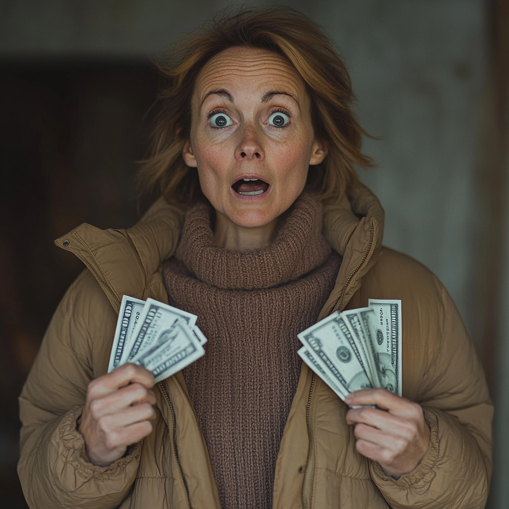 A shocked woman holding a wad of cash | Source: Midjourney